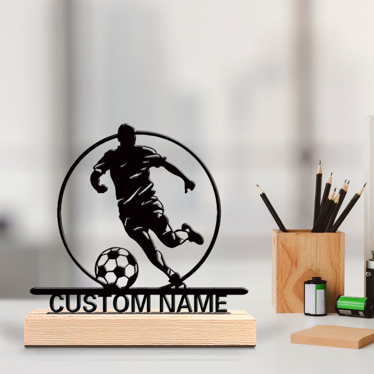 Desktop Laser Engraver - Metalowa statuetka piłkarza z imieniem, drewniana